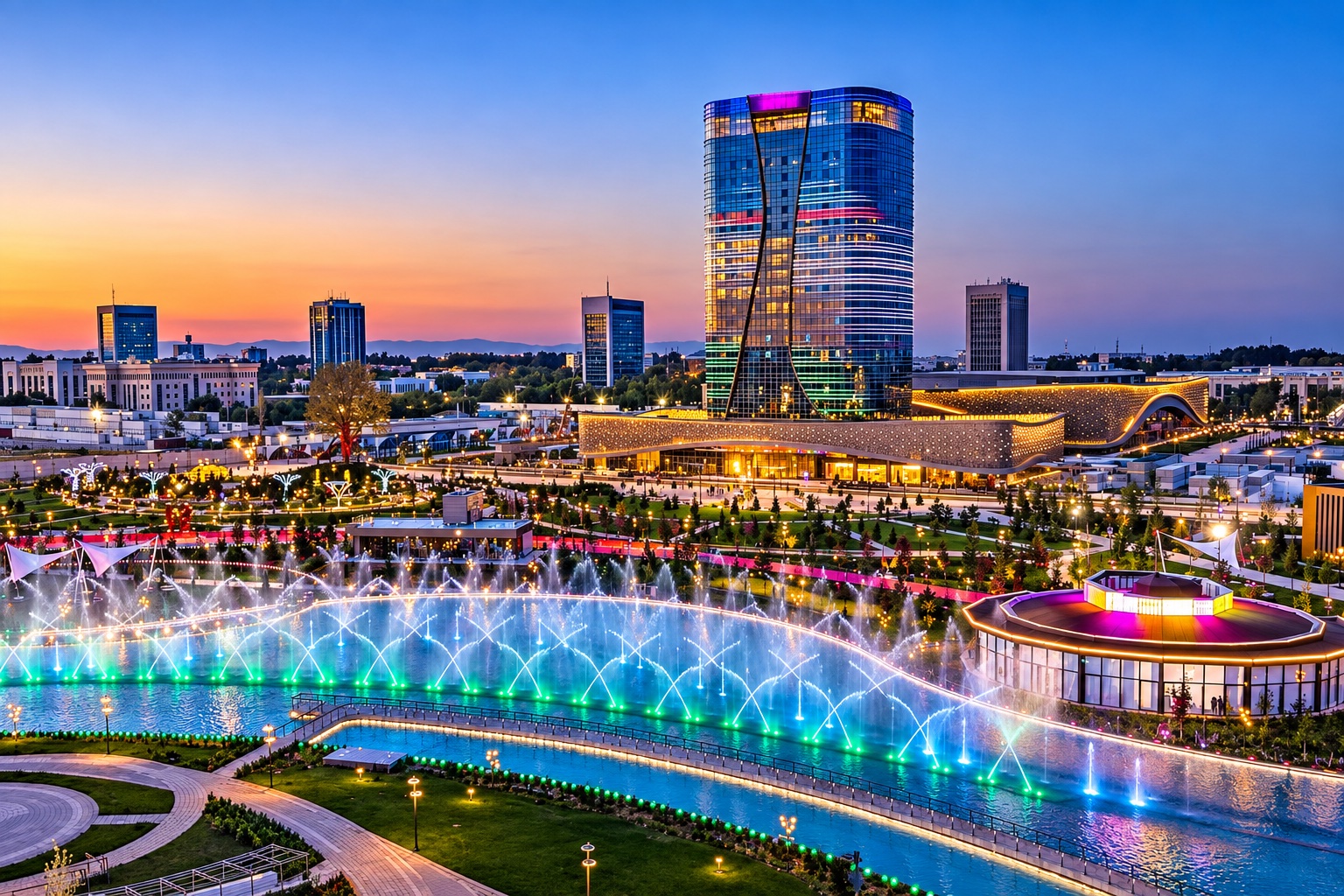 Tashkent City fountains at dusk